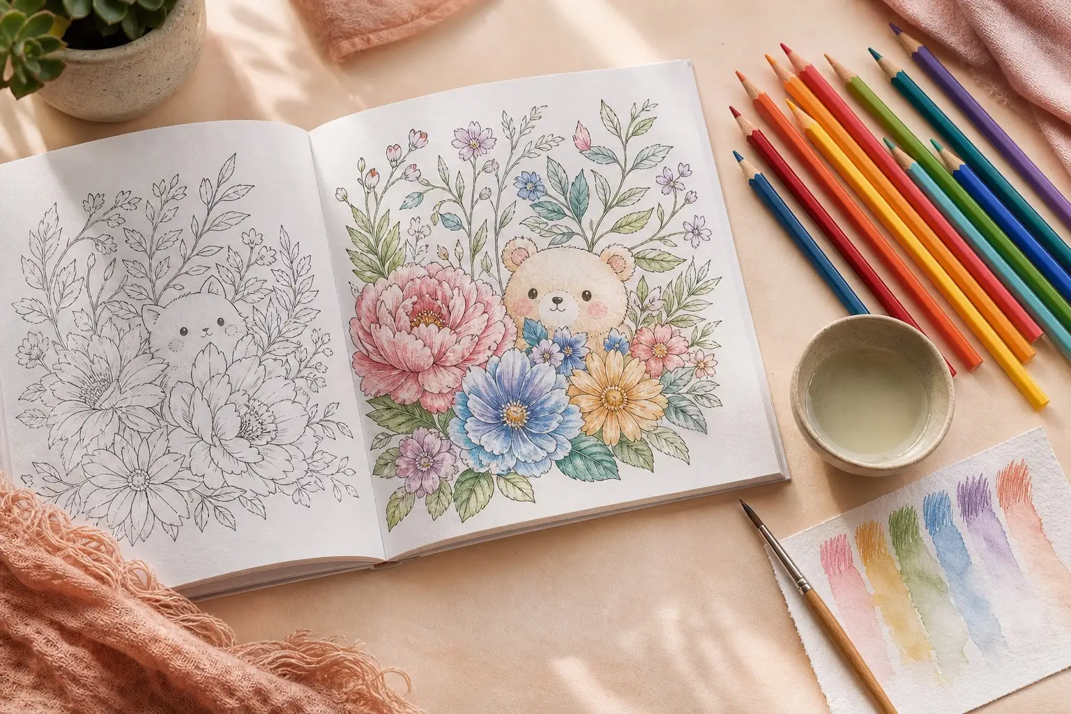 An open botanical and cute-animal coloring book with unbranded watercolor pencils, a paintbrush, a ceramic water dish and a dry-to-wet color swatch on a warm craft table