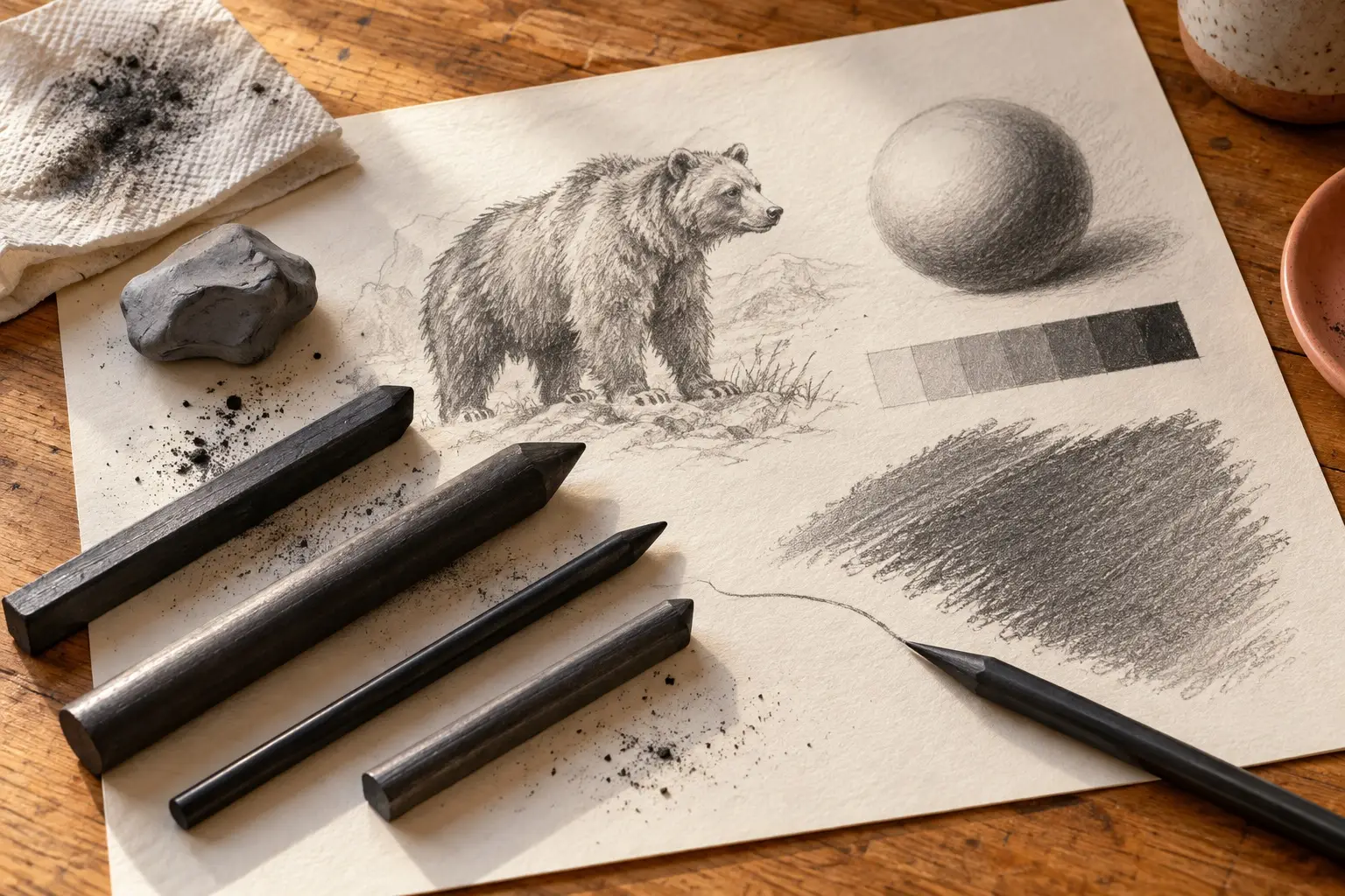 Generic solid graphite pencils and blocks around an original bear drawing, shaded sphere, value scale, graphite swatch, kneaded eraser and paper towel on a warm wood desk