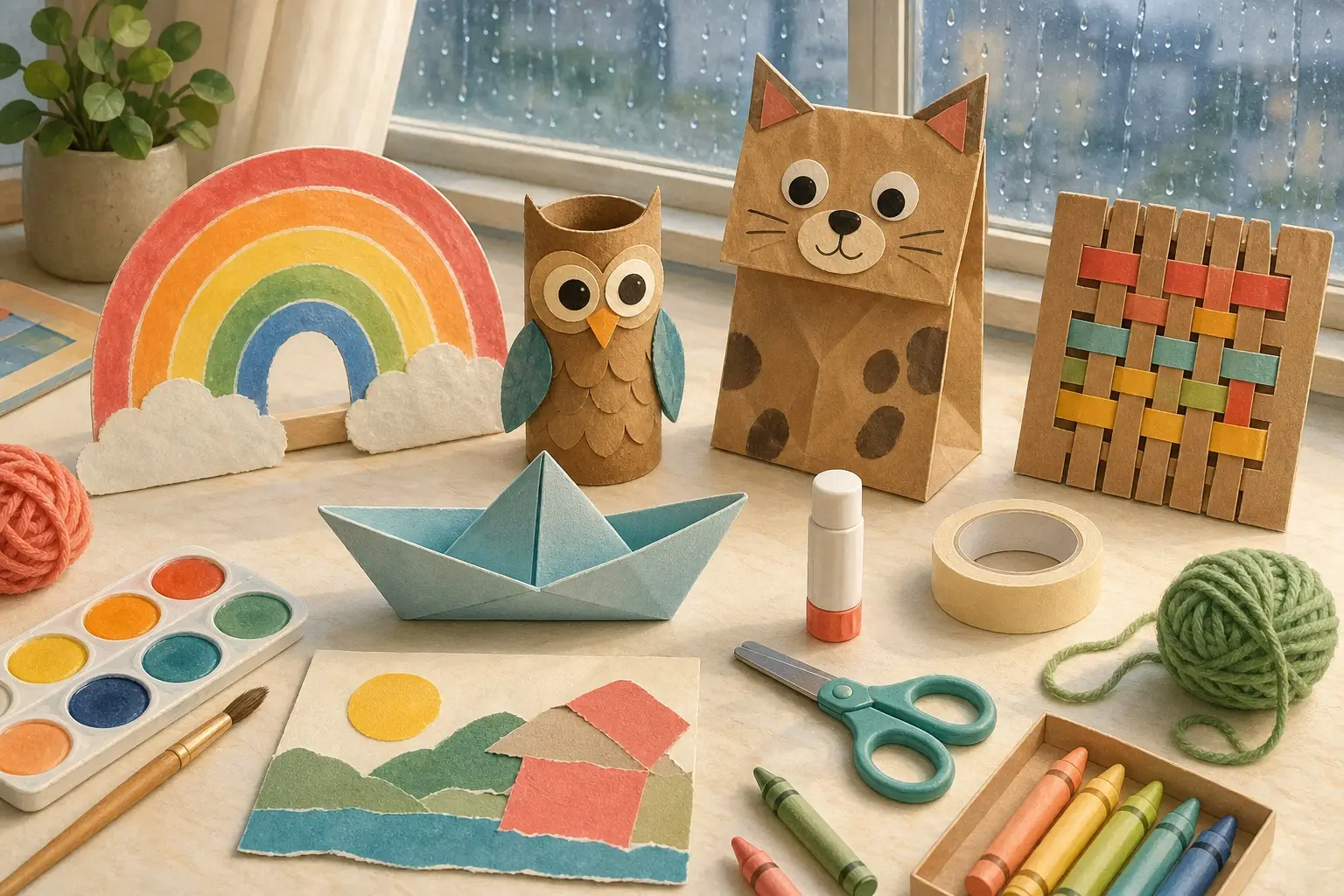 Paper plate rainbow, cardboard tube owl, paper bag puppet, paper boat, cardboard weaving, collage, crayons, yarn and child-safe scissors beside a rain-streaked window