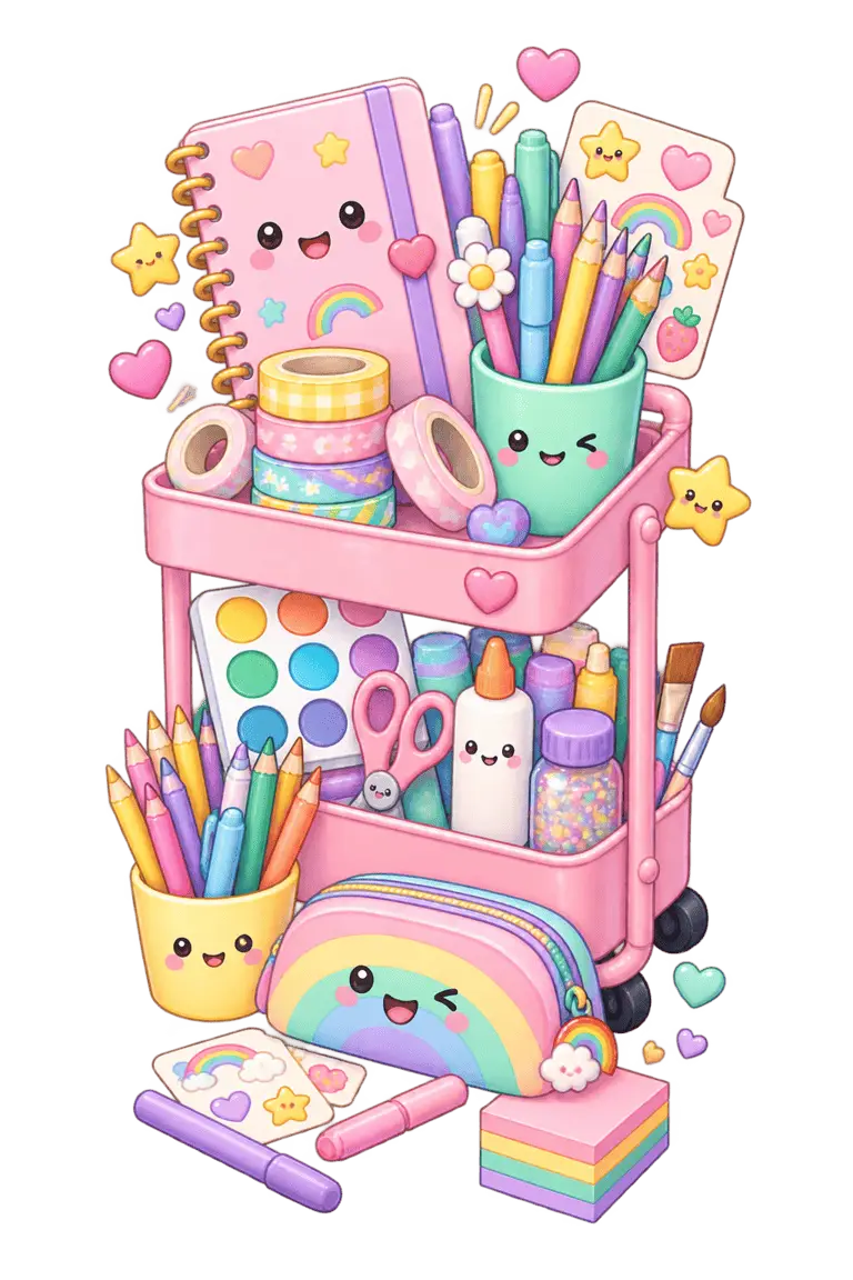 Illustrated kawaii art-supply cart with journals, markers, washi tape, and a rainbow pencil case