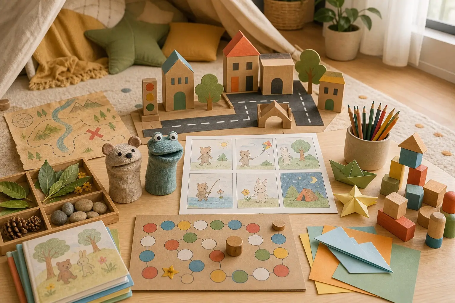Cozy screen-free play area with a blanket fort, cardboard town, treasure map, sock puppets, comic page, nature tray, building blocks, paper crafts and a homemade board game