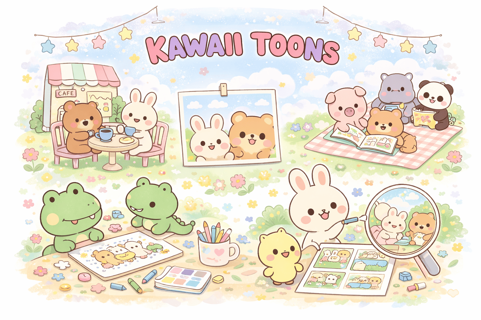 Kawaii Toons world with cute animal characters enjoying cafés, coloring, reading, and comic strips in a cheerful pastel meadow