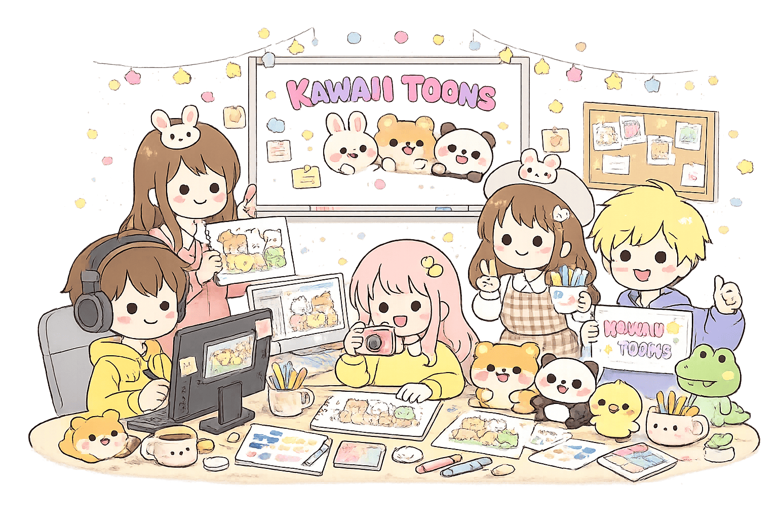 The Kawaii Toons team of artists, developers, and designers collaborating in their creative studio